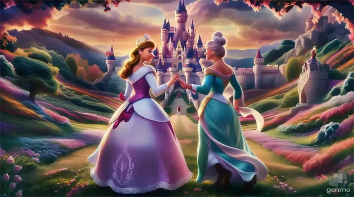 a couple of princesses are standing in front of a castle