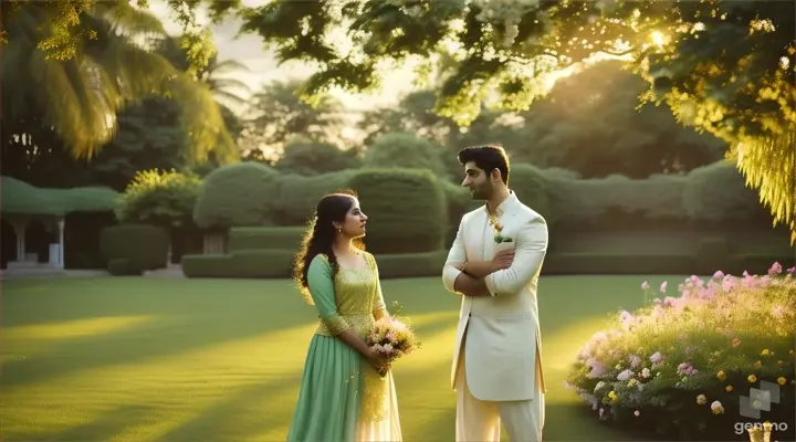  A serene garden in Islamabad bathed in the golden glow of sunset, where our Pakistani couple stands amidst blooming flowers and lush greenery, one partner finally confessing their feelings in poetic Urdu, the tranquility of the scene enhancing the intimacy of the momen ,video ratio 16:9