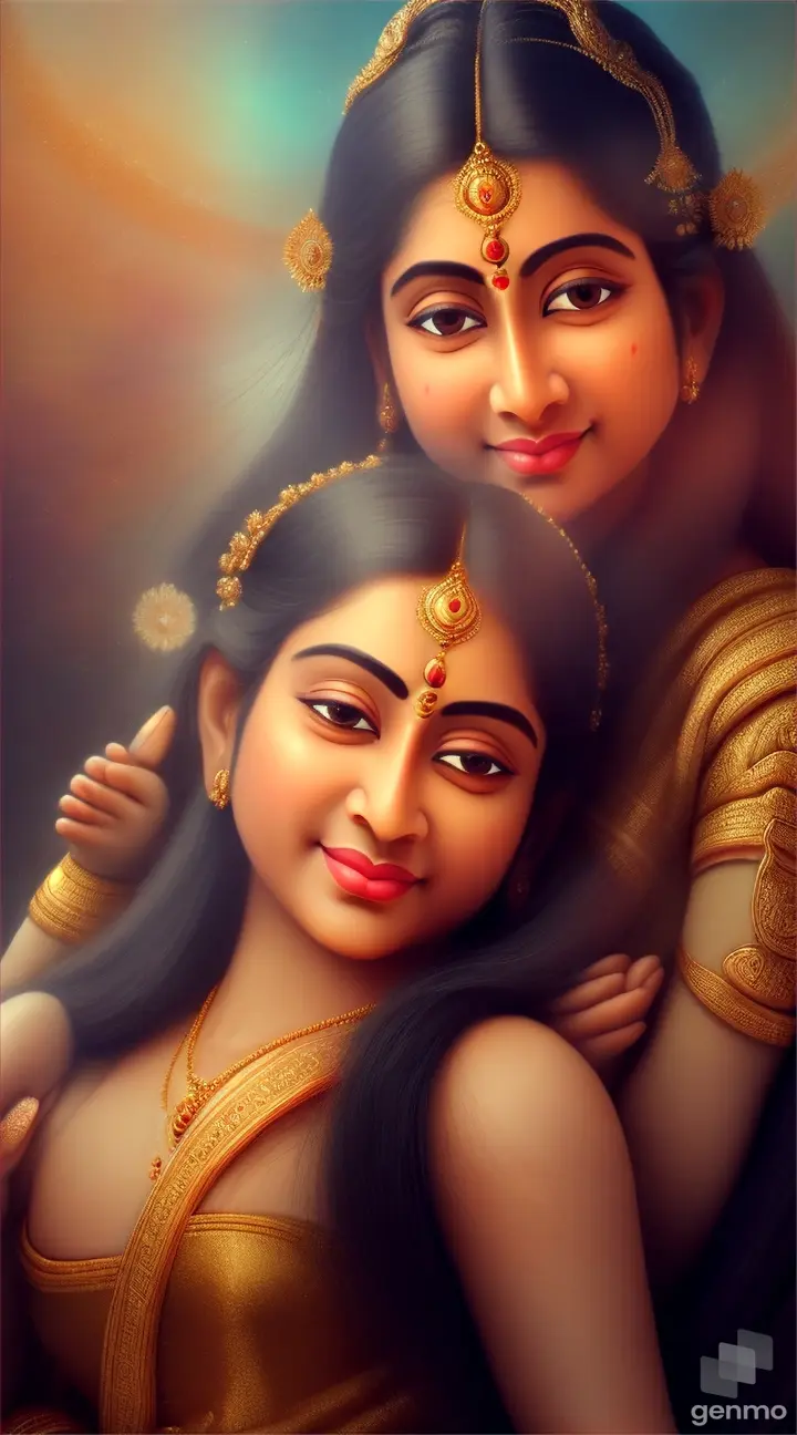 An emotional scene depicting Anjana, Hanuman's mother, holding him close. Her face is filled with love and pride as she gazes at her son. The setting can be their celestial abode or a peaceful natural environment.