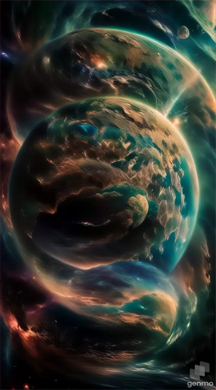 The Earth within a wormhole, swirling through space and time with a dazzling display of cosmic colors