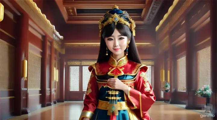 The image shows a character with a blurred face. Surrounded by the environment of the Chinese Dynasty Hall, the character is a beautiful female neck, sleeve, makeover, kimono, fashion design, beauty, jewellery, event, shimada, tradition dressed in a costume and headdressemperor, smiling happily. The head of the person in the picture was covered. There is a crown-like ornament on the head that looks luxuriously decorated. It had a luxuriously decorated appearance, with long flowing hair, large blue eyes, a slight smile, and wearing exquisite gold jewelry. horizontal image