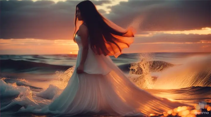 A portrait of a woman with a flowing silk dress standing in front of a giant wave at dusk, with fireflies floating around her
