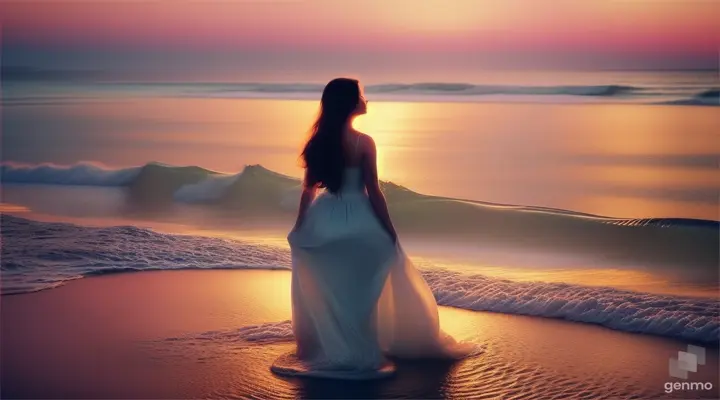 A portrait of a woman with a flowing silk dress standing in front of a giant wave at dusk, with fireflies floating around her
