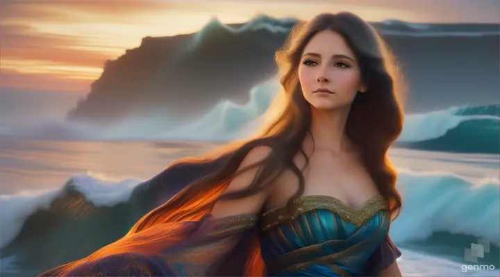 A portrait of a woman with a flowing silk dress standing in front of a giant wave at dusk, with fireflies floating around her