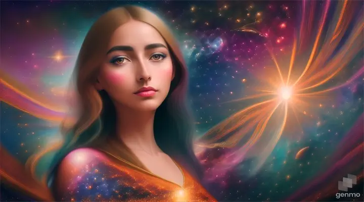 A stunning and surreal painting by Paola Salomé, featuring a captivating woman at the center of a dreamlike cosmic world. Her figure merges seamlessly with the celestial landscape, as she is surrounded by vibrant colors, twinkling stars, and a radiant sun. The cosmic atmosphere invites the viewer to embark on a journey through the infinite possibilities of space and time. The artwork is cinematic and conceptual, with the vivid colors and intricate details bringing the scene to life, evoking a sense of wonder and admiration.