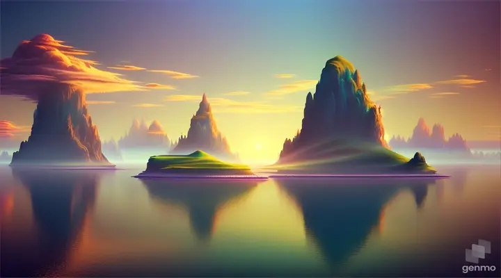 Surreal dreamscape with floating islands, digital matte painting, blending photo-realism and fantasy elements
