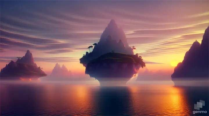 Surreal dreamscape with floating islands, digital matte painting, blending photo-realism and fantasy elements
