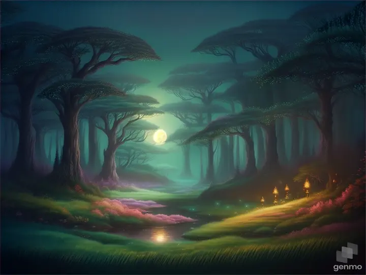 Mystical forest with glowing fireflies at night, fantasy illustration