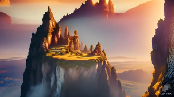 Dramatic cliffside castle at sunrise, golden light casting long shadows, fantasy illustration