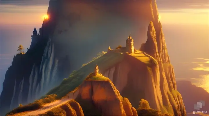 Dramatic cliffside castle at sunrise, golden light casting long shadows, fantasy illustration