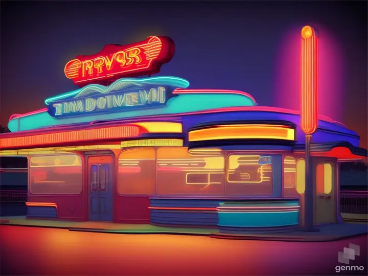 Retro diner at twilight, neon signage glowing, digital illustration in a 1950s style