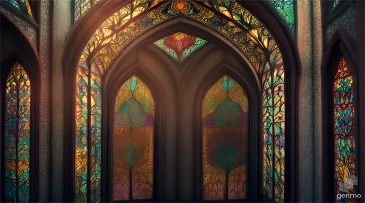 Enchanted forest gateway, stained glass art, vibrant colors casting magical light
