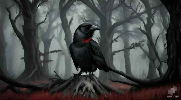 a crow standing on a skull in the middle of a very dark and scary forest, the crow has red eyes