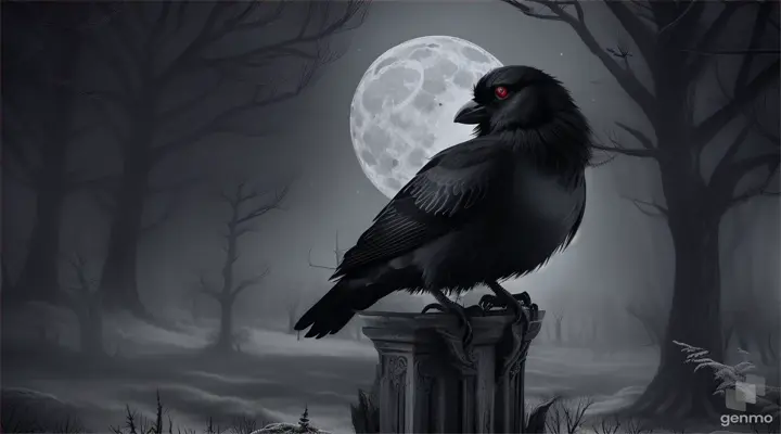 Under the pale light of the full moon, deep in the forest, a red-eyed crow stands majestically on a skull. His dark figure contrasts with the gloomy surroundings, while his eyes glow like burning embers in the night. The air is charged with a sinister atmosphere, where each rustle of the leaves seems like a sigh from the beyond.