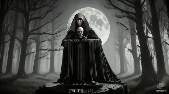 In a dark and gloomy forest, under the light of the full moon, a crow with red eyes perches on a skull. The scene is macabre and gloomy, with the figure of the bird standing out against the shadowy background. The atmosphere is filled with an eerie silence, only interrupted by the rustling of branches and the occasional cawing of the crow.