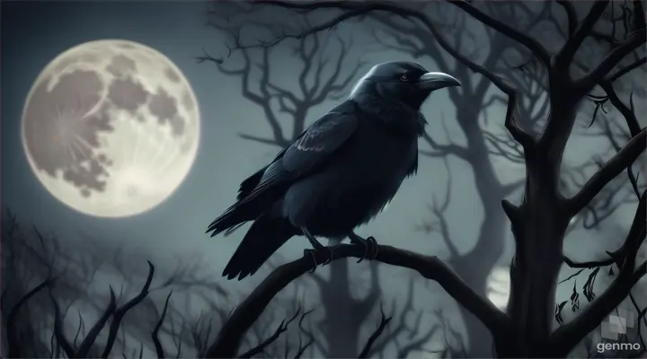 In a dark and scary forest, a crow standing on a tree branch stares at the moon and after a while flies towards the moon.