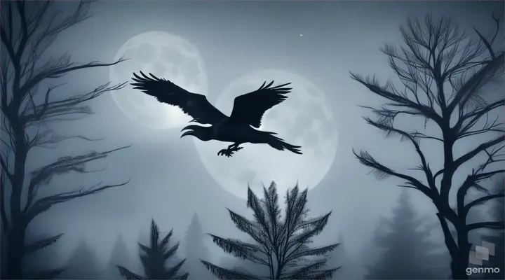 In a dark and scary forest, a crow flies straight towards the full moon