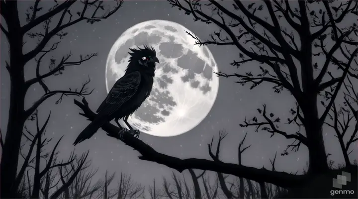 Under the full moon, in the heart of a dark forest lies a solitary skull. Above her, a red-eyed raven watches with a look that chills the blood. The wind whispers through the trees, creating an atmosphere full of mystery and terror. He describes the scene and explains how you feel witnessing this macabre spectacle.