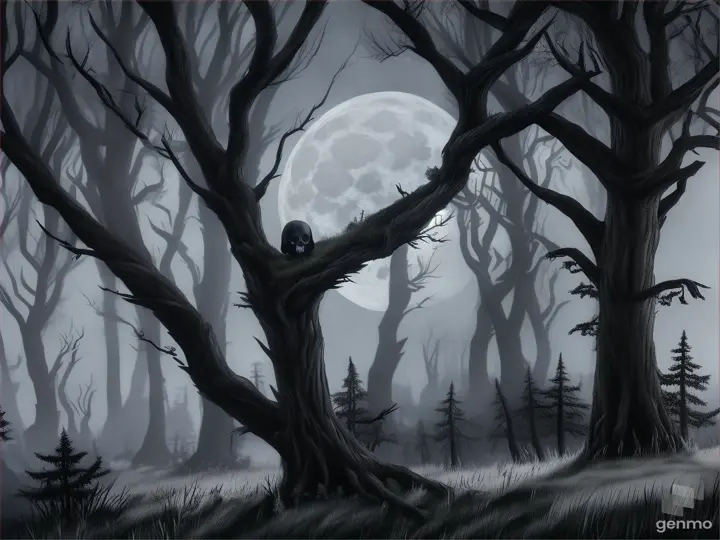 Under the full moon, in the heart of a dark forest lies a solitary skull. Above her, a red-eyed raven watches with a look that chills the blood. The wind whispers through the trees, creating an atmosphere full of mystery and terror. He describes the scene and explains how you feel witnessing this macabre spectacle.