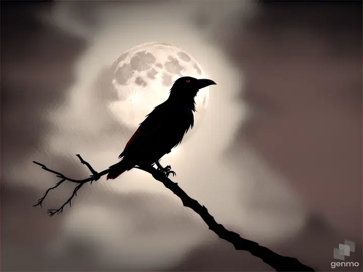 a scary crow in the middle of a full moon night, the crow has red eyes and is very scary