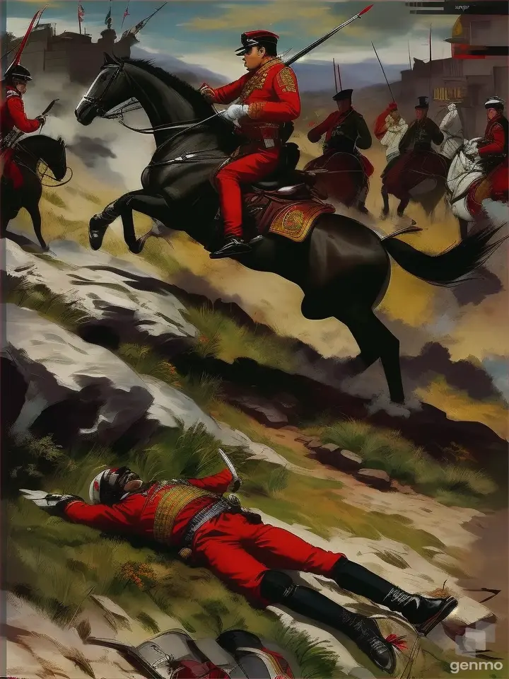 Illustration of Pedro Camejo's last stand, wounded but defiant against a blurred battlefield backdrop