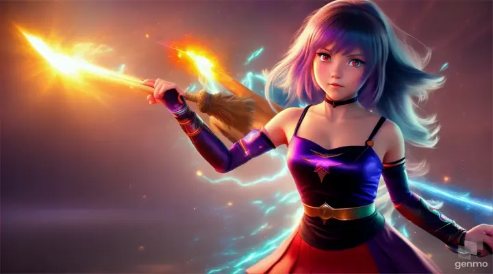 Cartoon very beautiful 20 years old girl cache the hands magical stick and attacks monsters 