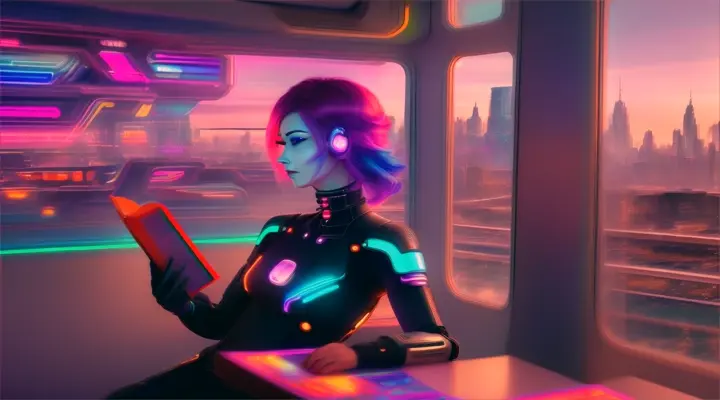 a woman with cyber parts, rainbow hair, reading a book, in a cafe, sitting on a comfy chair, window shows outside world, futuristic view, retro punk style