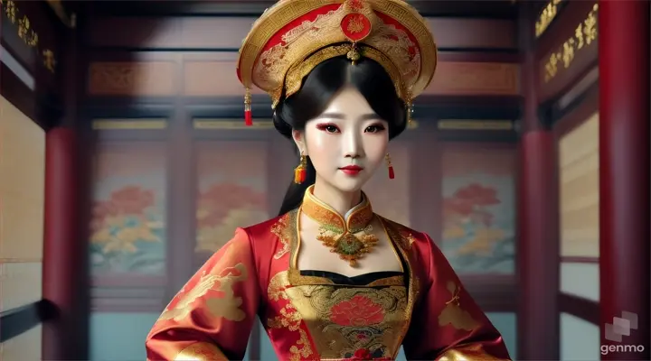 The image shows a character with a blurred face. Surrounded by the environment of the Chinese Dynasty Hall, the character is a beautiful female neck, sleeve, makeover, kimono, fashion design, beauty, jewellery, event, shimada, tradition dressed in a costume and headdressemperor, smiling happily. The head of the person in the picture was covered. There is a crown-like ornament on the head that looks luxuriously decorated. It had a luxuriously decorated appearance, with long flowing hair, large blue eyes, a slight smile, and wearing exquisite gold jewelry. horizontal image