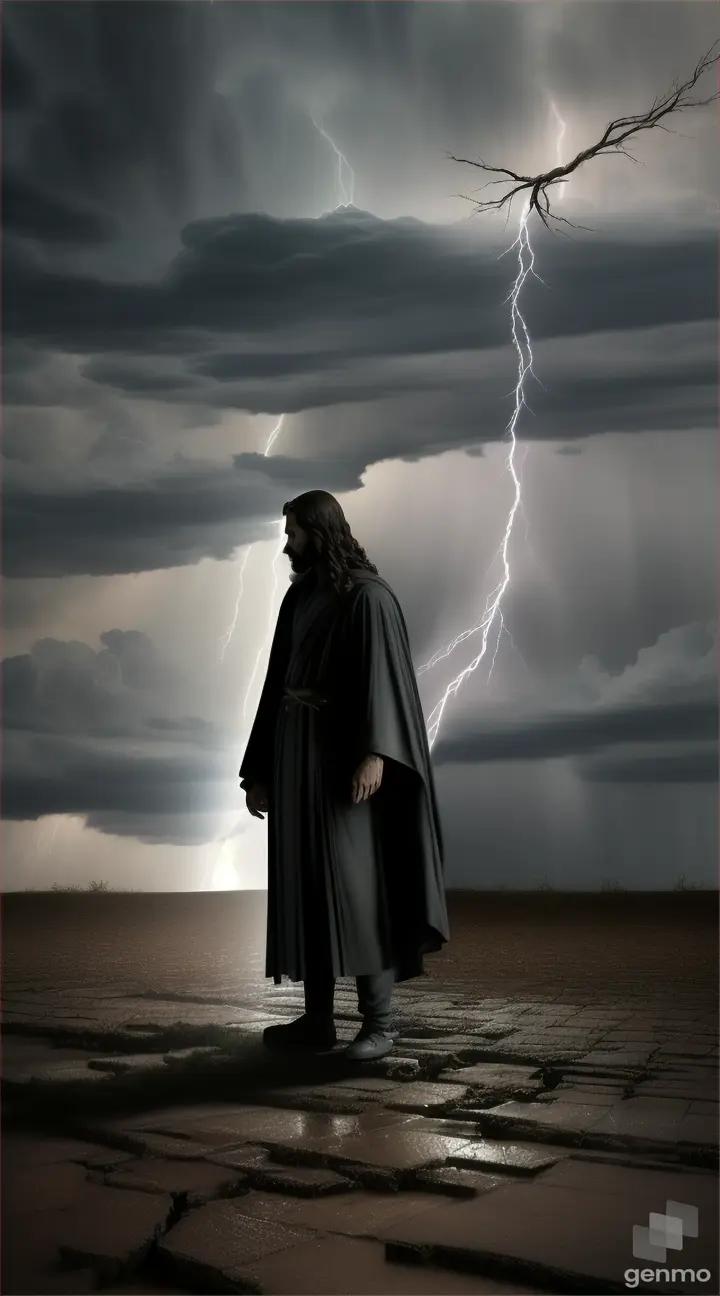 Silhouette of Jesus standing on cracked ground under a dramatic, stormy sky, with lightning illuminating the scene They came to him and said, "Hail, King of the Jews!" and they struck him.