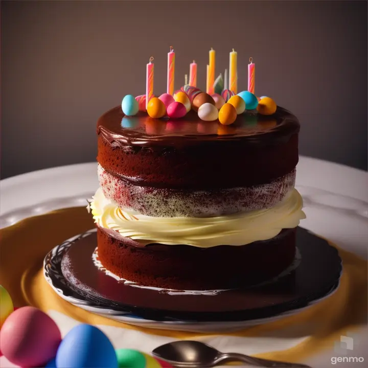Tall Chocolate cake with vanilla white frosting,

covered with colored grated chocolate,
 one candle

surrounded by colorful eggs,

ultra-realistic,

natural light,

a high resolution.