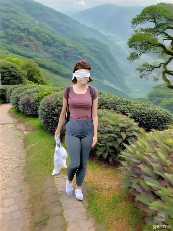 a woman with a blindfold is walking up a path