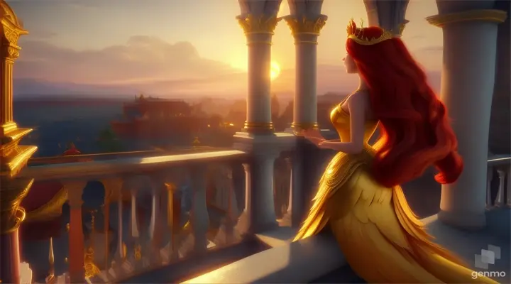 Make an animated video of: That evening as the sun set over the palace, Princess with beautiful red hair and a golden bird stood on balcony of palace and began to sing together.