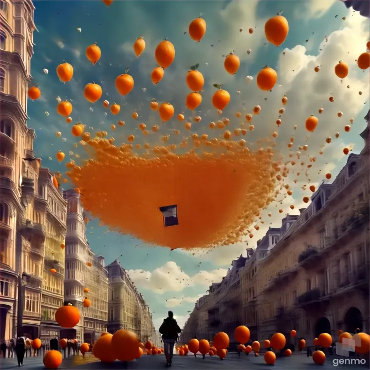 orange in the streets,  walking down a street surrounded by oranges