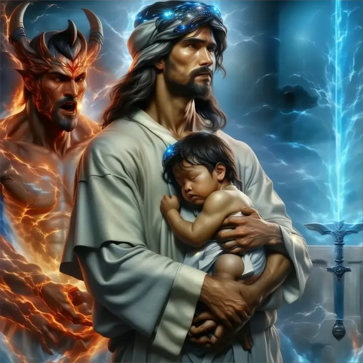 a painting of god holding a baby in his arms