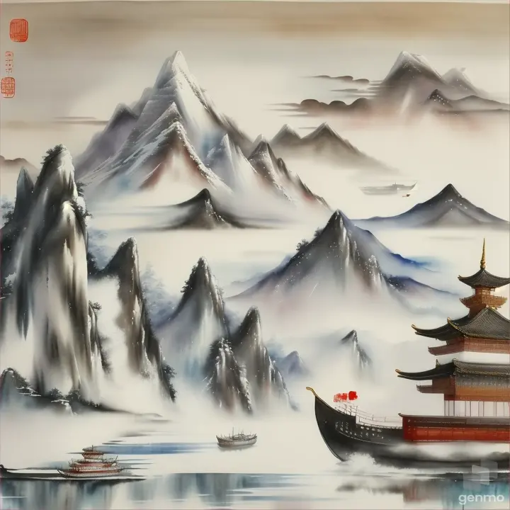 窗含西岭千秋雪，门泊东吴万里船，中国水墨画