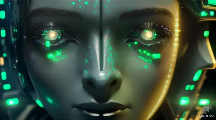 Close-up of a female android's face with neon circuitry. Futuristic technology concept with green LED lights 16:9