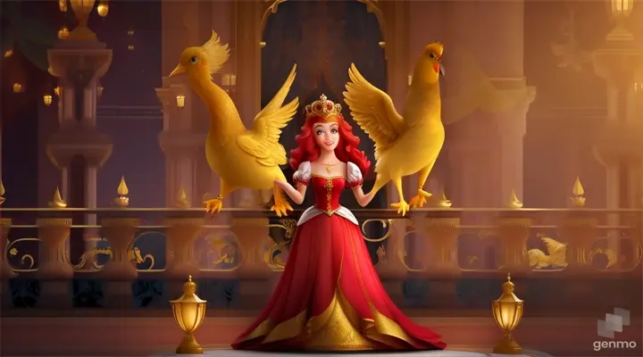 create an animated video of: Every night, Princess Rosalie with red hair stood on her balcony and sang with a magnificent golden bird. The people of the kingdom loved to hear the princess and her golden bird friend singing together at night.