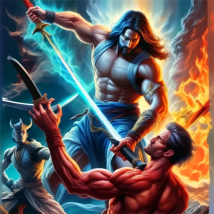 a painting of a god holding a sword in front of a demon