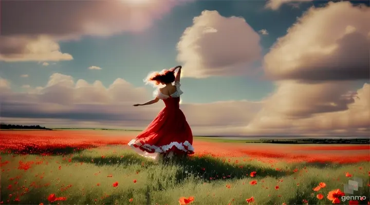 Huge ball in heavans beetven clouds , on top
An enchanting impressionist painting depicting a 
graceful woman dancing amidst a field of poppy flowers. 
Her flowing red dress billows in the gentle breeze, 
mirroring the movement of the surrounding blooms. 
The soft, pastel colors of the landscape evoke a sense 
of warmth and serenity.,painting