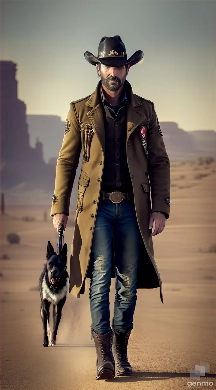 Ghoul gunslinger, used coat, waking through Arizona desert with the Belgian Malinois dog; Western movie style , Fallout movie series climate. Great details, HDR quality