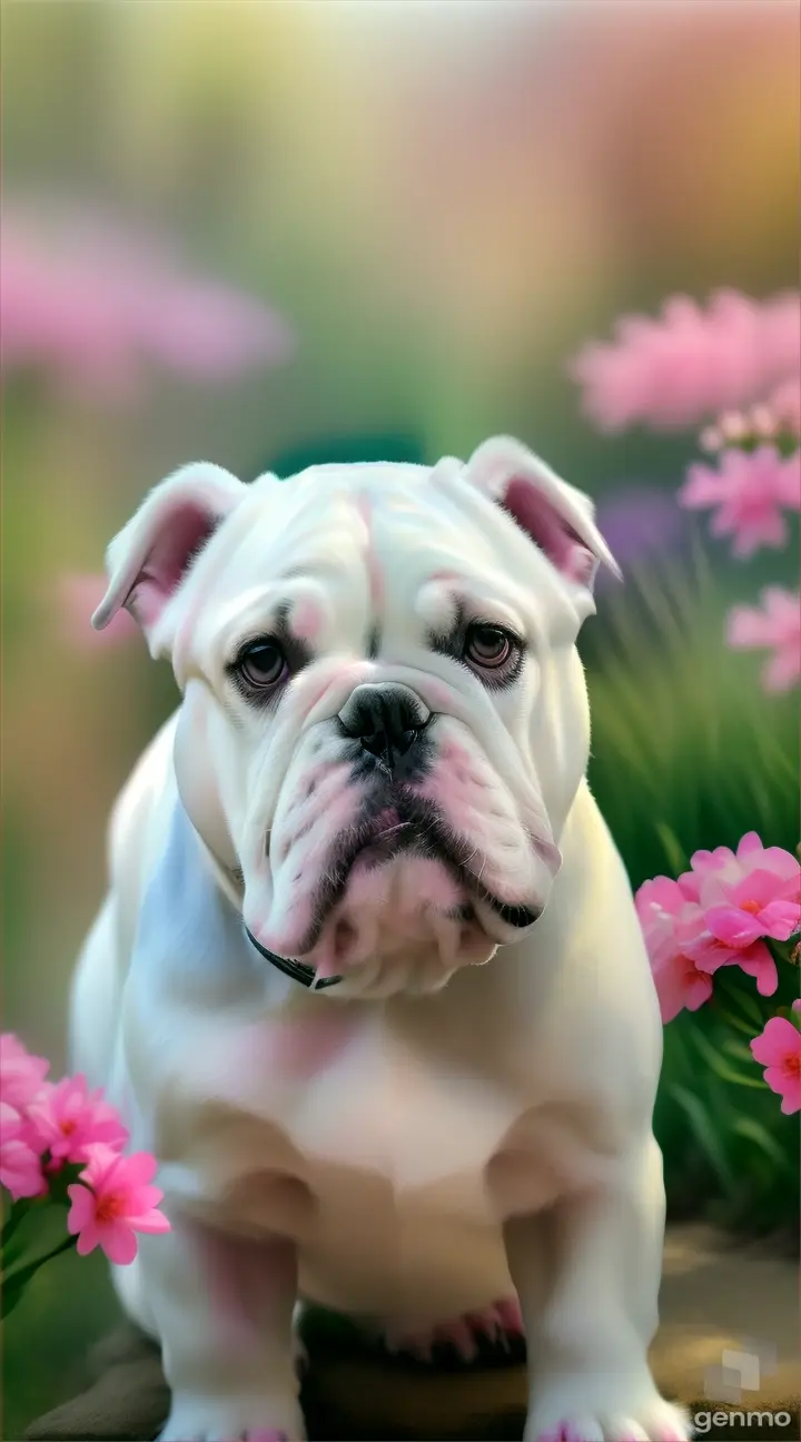 A white bulldog partly obscured by expressive watercolor washes, peering curiously at the vivid flora around it