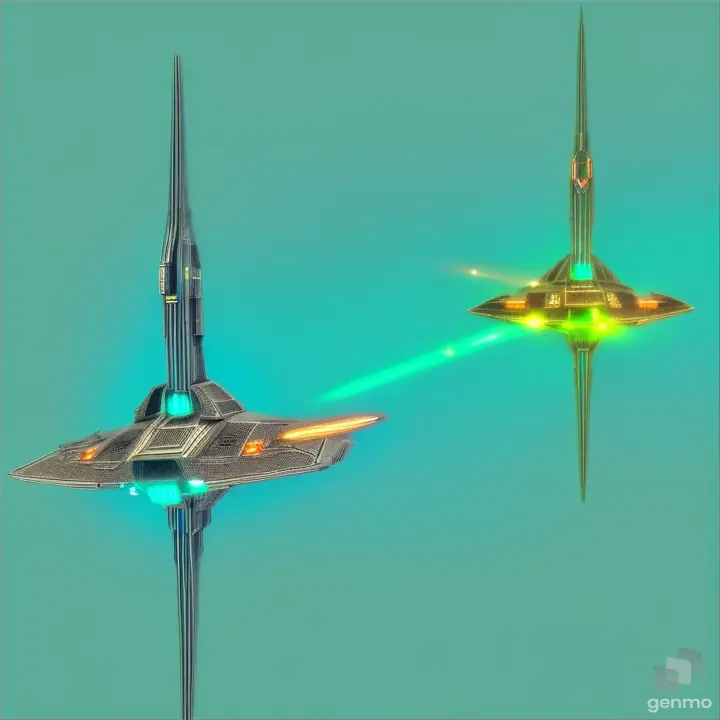 Alien ships attacked the Zelan corvette. battle in starry space. green chromokey. overall plan