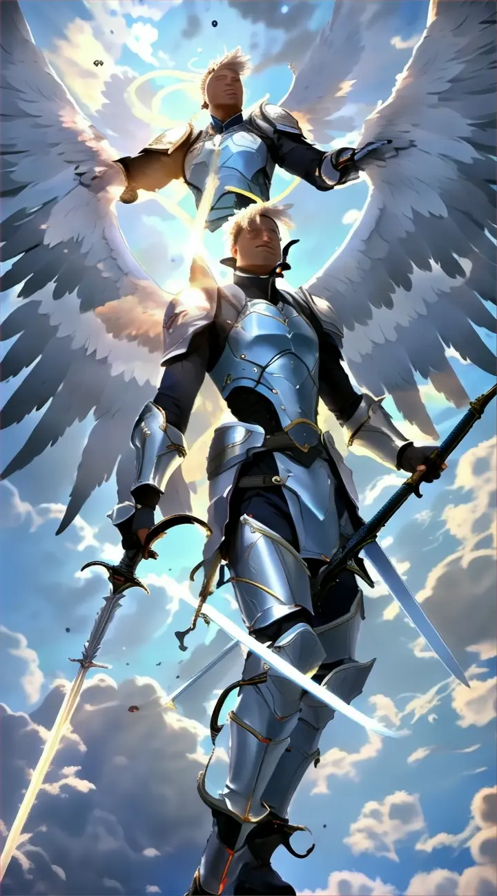 an angel with a sword and wings in the sky