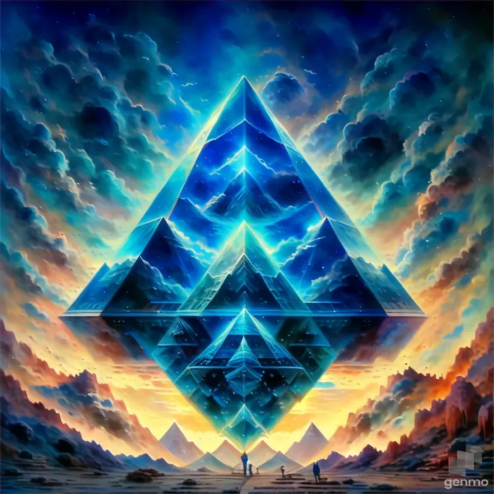 a painting of a man standing in front of a blue pyramid