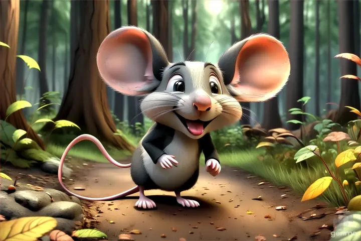 a cartoon mouse running in the middle of a forest