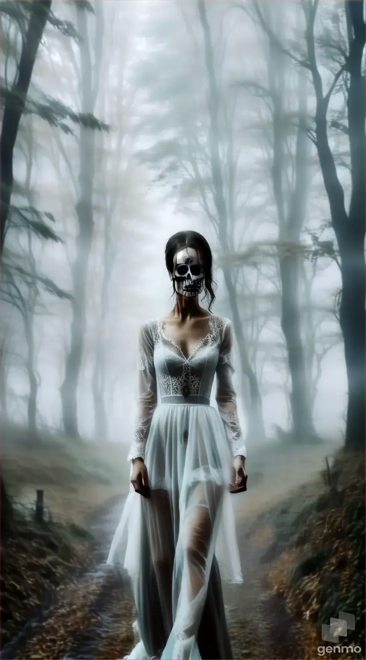 Death with skullface and in  transparent white dress walking through the fog .