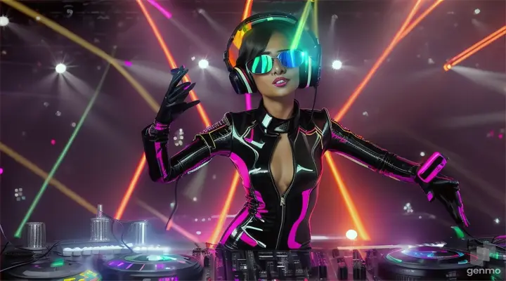 A female DJ in sunglasses, sparkling headphones and a latex jumpsuit with a large neckline, plays techno music, dances and sings a lot of people in the club. Laser beams of bright colors on the background of large television screens. 