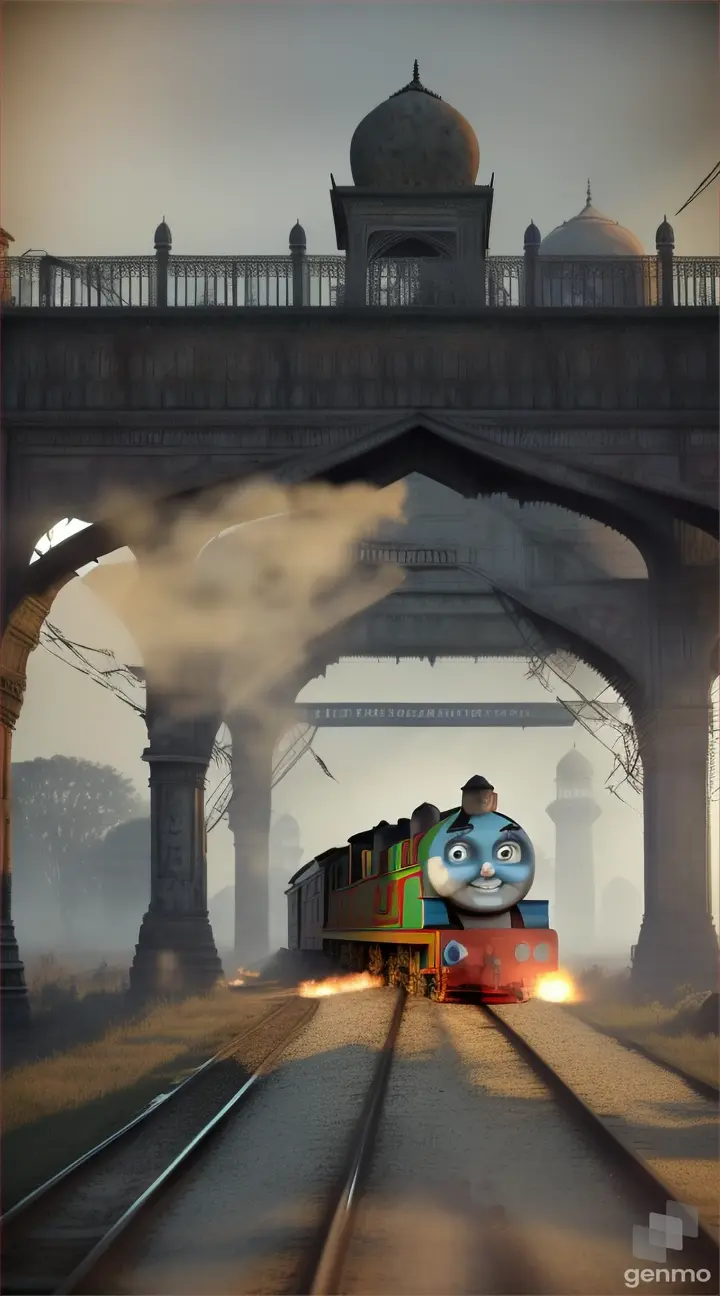 THOMAS THE TRAIN, ZOMBIE SMILE, FLESH, SHARP BIG TEETH, long shot, abandoned railway station, background Taj Mahal