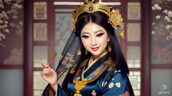 The image shows a character with a blurred face. Surrounded by the environment of the Chinese Dynasty Hall, the character is a beautiful female neck, sleeve, makeover, kimono, fashion design, beauty, jewellery, event, shimada, tradition dressed in a costume and headdressemperor, smiling happily. The head of the person in the picture was covered. There is a crown-like ornament on the head that looks luxuriously decorated. It had a luxuriously decorated appearance, with long flowing hair, large blue eyes, a slight smile, and wearing exquisite gold jewelry. horizontal image