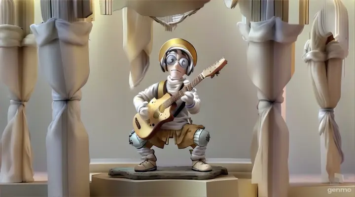 Stop-motion character playing guitar in an ethereal desert, eerie mist surrounding them, mirage lanterns shining bright